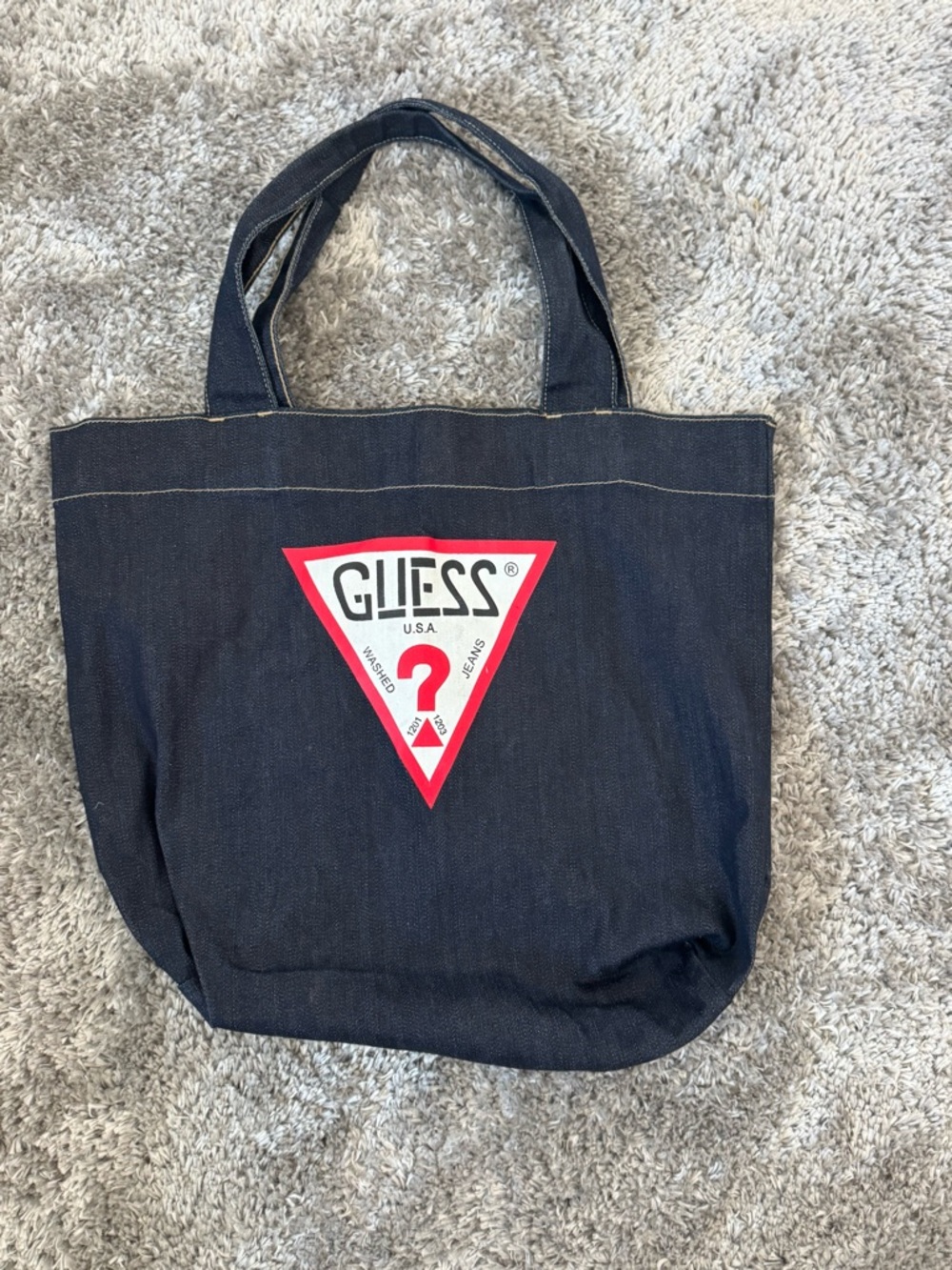 Guess Navy Denim Duffel Tote with Red Logo